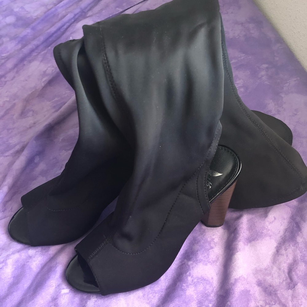 Connie-1 Black Lycra High Open Heel Peek toe Boots